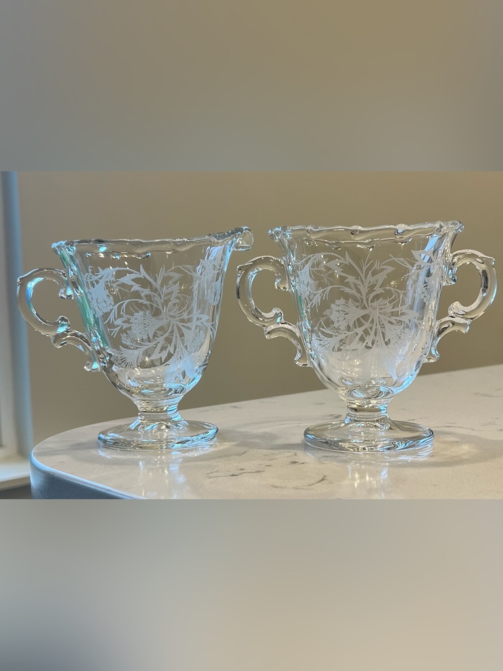 Vintage Fostoria Heather Etched Glass Creamer Sugar & Tray Set 3pc - Picture 2 of 5